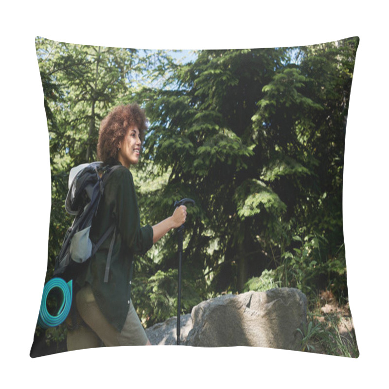 Personality  A Young Woman Smiles As She Hikes Through A Lush Forest On A Sunny Summer Day. Pillow Covers