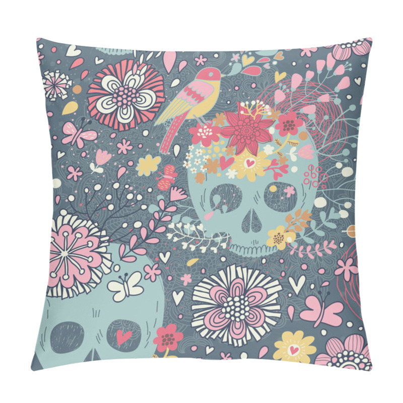 Personality  Mexican Concept Background With Flowers, Skulls And Birds. Pillow Covers