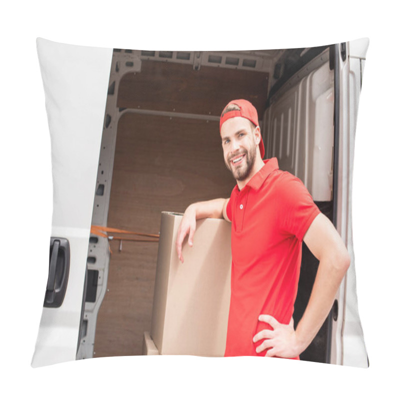 Personality  Smiling Young Delivery Man In Uniform Standing Near Van With Cargo Pillow Covers