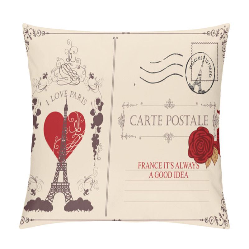 Personality  Retro Postcard With The Famous French Eiffel Tower In Paris, France. Vector Postcard In Vintage Style With French Landmark, Vignette, Red Heart, Postmark And Words I Love Paris Pillow Covers