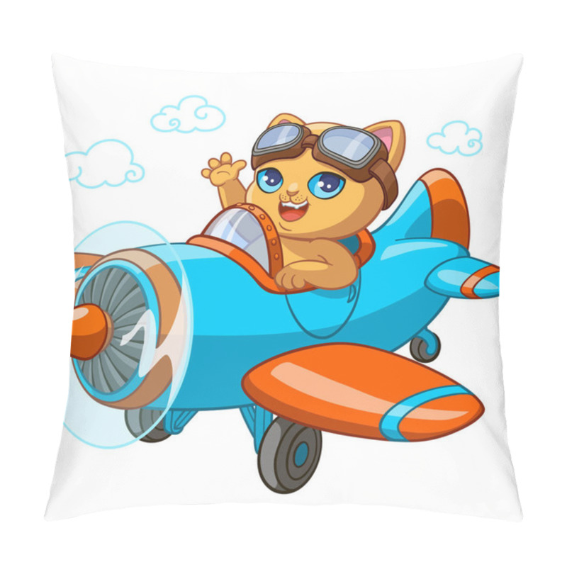 Personality  Kitty Pilot Cartoon Vector Illustration Of Kitten In Toy Airplane For Kid Birthday Greeting Card Design Template Pillow Covers