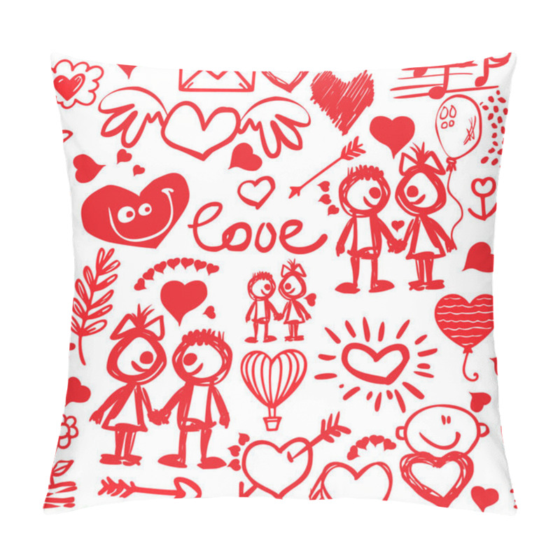 Personality  Red Doodle Lines Hand Drawn Love Hearts And Different Valentine Day Romantic Symbols Signs Seamless Pattern . Vector Drawing Love Icons Isolated Design On White Background. Love Couple, Hearts, Arrows Pillow Covers