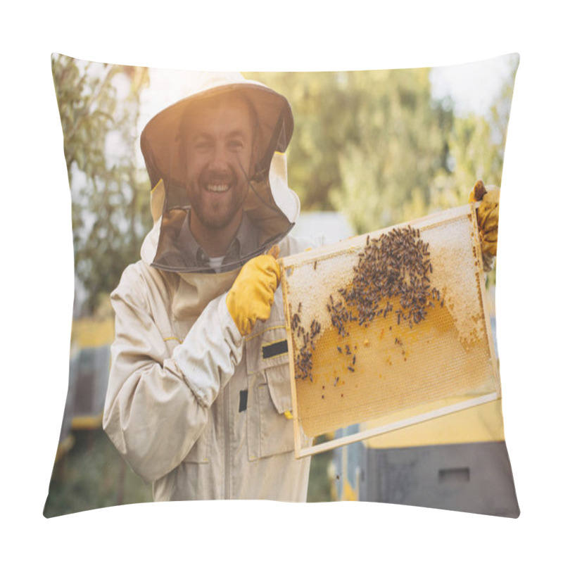 Personality  The Beekeeper Holds A Honey Cell With Bees In His Hands. Apiculture. Apiary. Working Bees On Honey Comb. Honeycomb With Honey And Bees Close-up. Pillow Covers