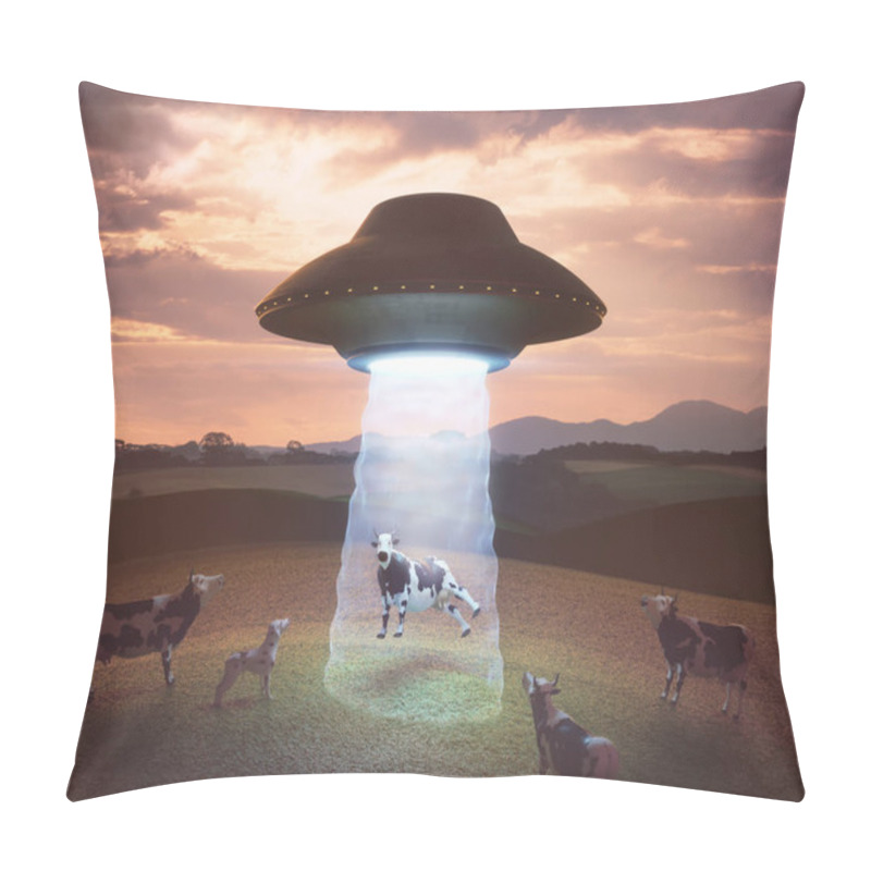 Personality  Alien Abduction On The Farm. Cow On The Farm Being Pulled By The Tractor Beam Of The Alien Spacecraft. Pillow Covers