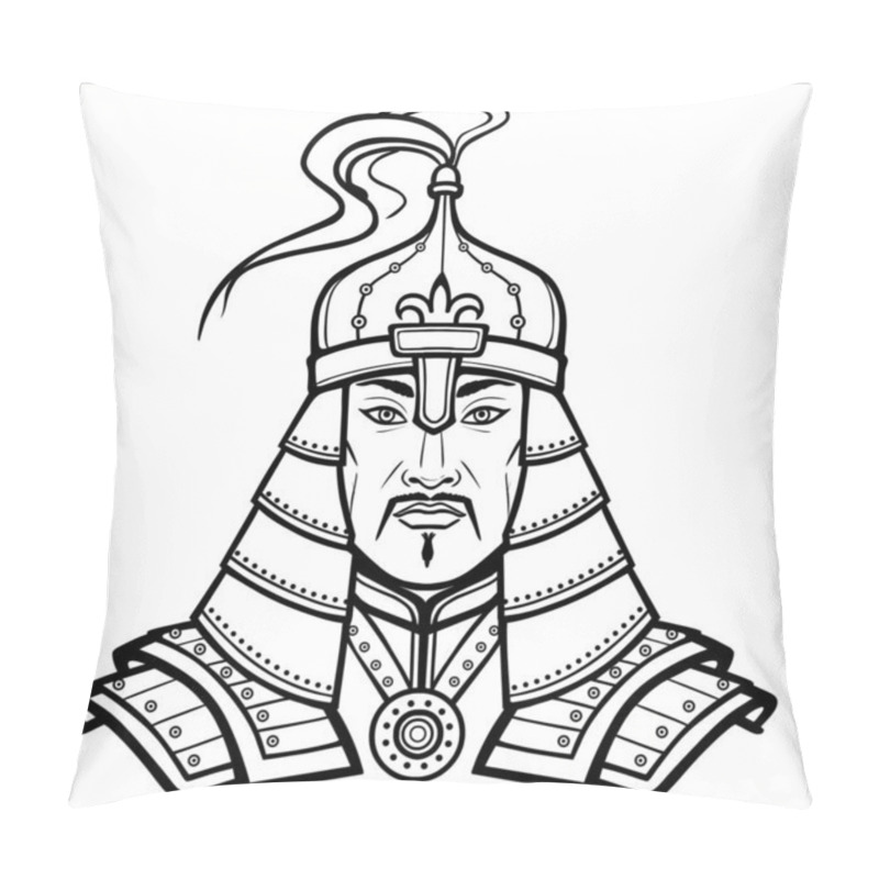 Personality  Animation Portrait Of An Asian Man Warrior In Ancient Armor. Central Asia. Vector Monochrome Illustration Isolated On A White Background. Print, Poster, T-shirt, Card. Coloring Book. Pillow Covers