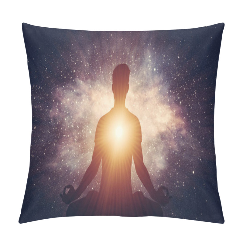 Personality  Man And Soul. Yoga Lotus Pose Meditation On Nebula Galaxy Background. Zen, Spiritual Well-being Pillow Covers