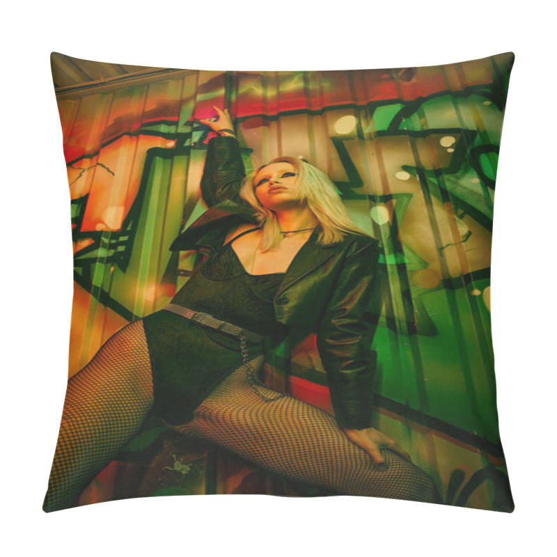 Personality  A Woman Wearing A Black Dress And Stockings Posing In Front Of A Graffiti-covered Wall Pillow Covers