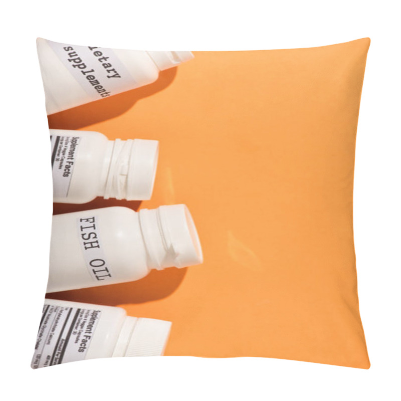 Personality  Top View Of Containers With Fish Oil And Dietary Supplements Lettering On Orange Background Pillow Covers