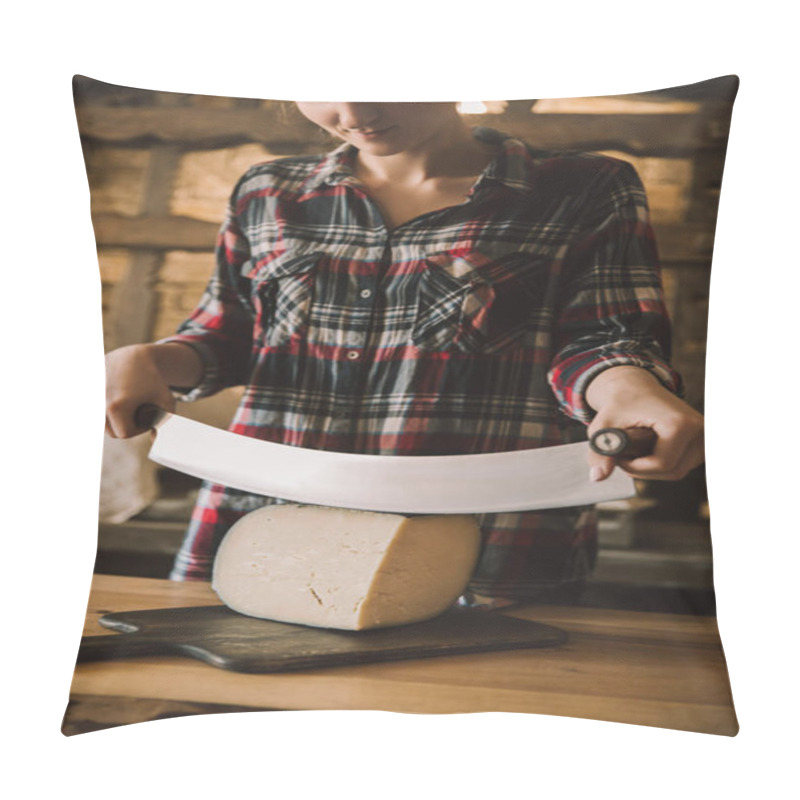 Personality  Young Woman Cutting Cheese With Double Handled Knife Pillow Covers