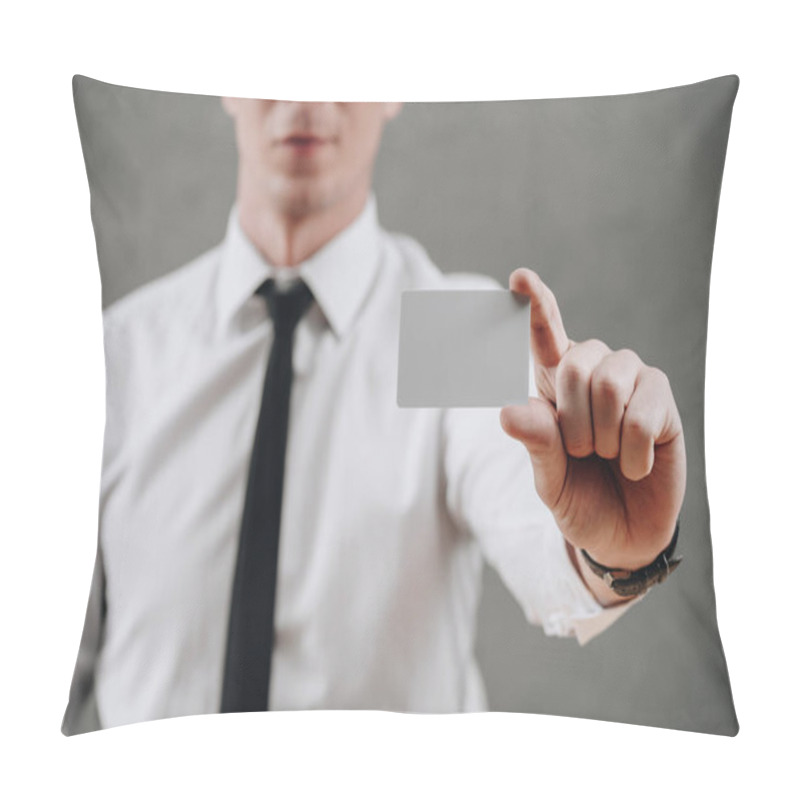 Personality  Cropped Shot Of Businessman Holding Blank Card On Grey Pillow Covers