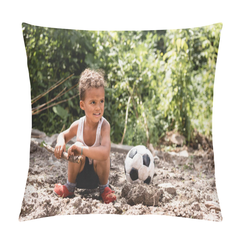 Personality  Smiling African American Child With Messy Face Holding Wooden Twig Near Football On Dirty Road In Slum  Pillow Covers