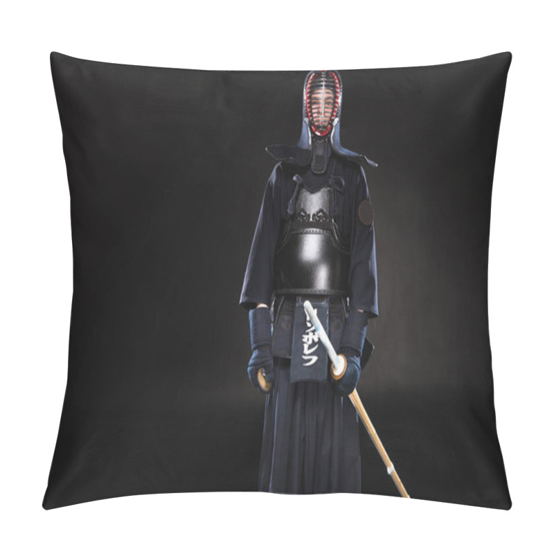 Personality  Kendo Fighter In Armor Holding Bamboo Sword On Black Pillow Covers