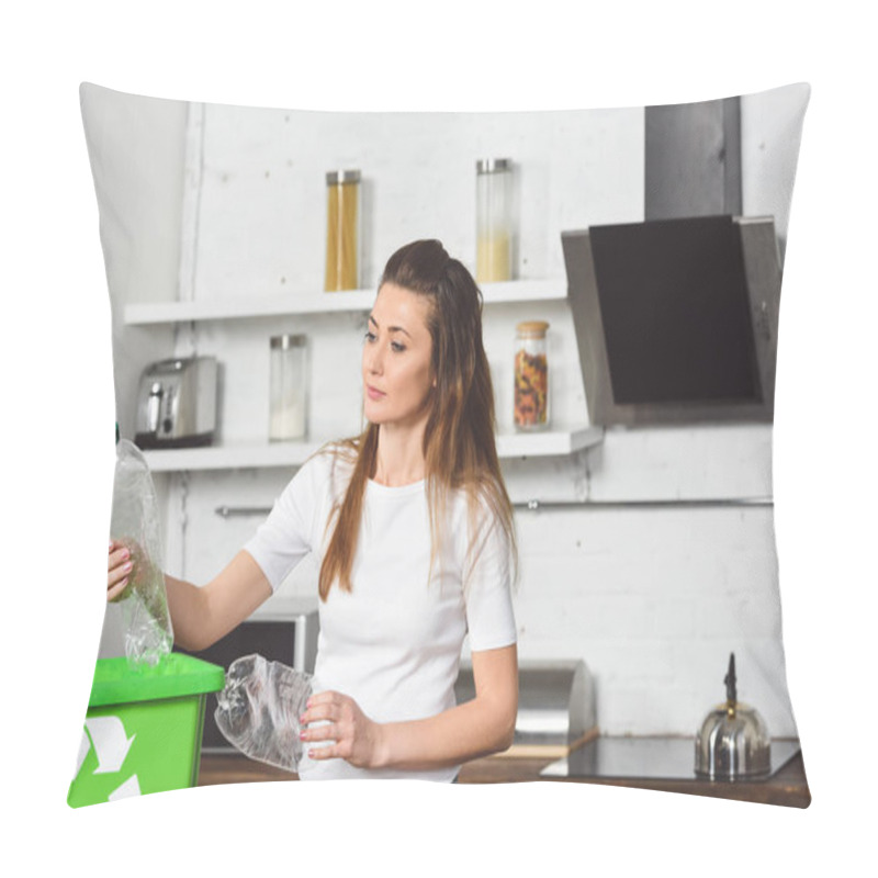 Personality  Woman Putting Plastic Bottles In Green Recycle Box At Wooden Table In Kitchen Pillow Covers