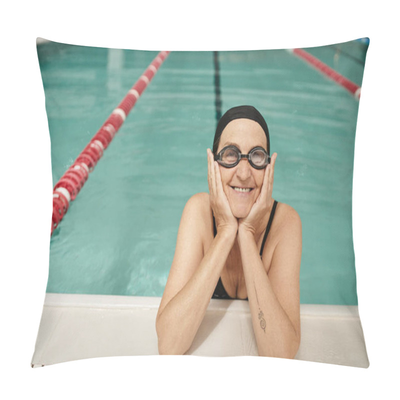 Personality  Happy Middle Aged Woman In Swim Cap And Goggles, Swimming Pool, Recreation Center, Tattoo, Poolside Pillow Covers