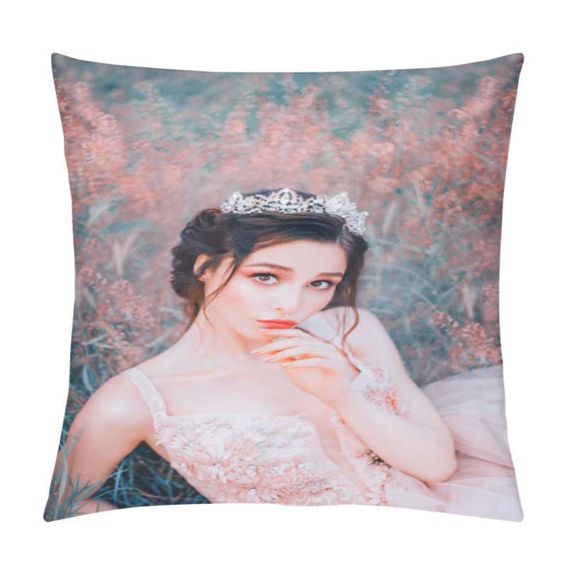 Personality  Playful Lady With Big Eyes On Doll Face, Cute Elf In Marshmallow Pink Dress With Voluminous Floral And Lace Patterns, Thin Straps On Shoulders, First Love, Innocent Girl Cute Pouted Her Juicy Lips. Pillow Covers