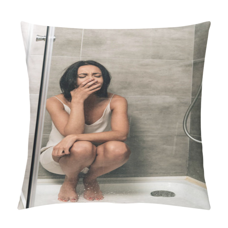 Personality  Attractive Depressed Woman Sitting And Crying In Shower At Home Pillow Covers