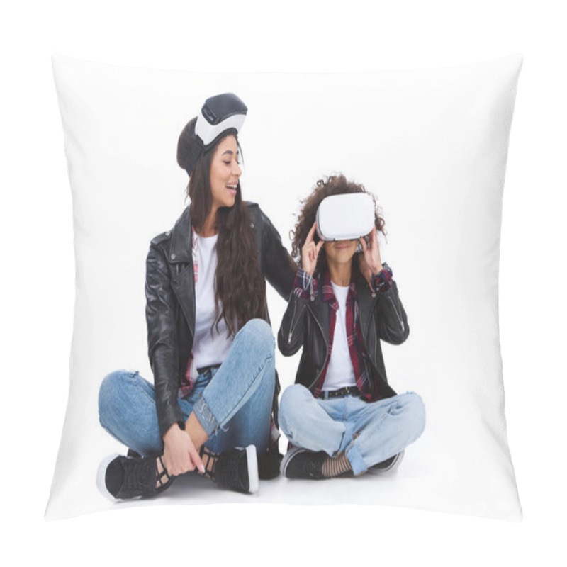 Personality  Happy Mother And Daughter In Virtual Reality Headsets Sitting On Floor Isolated On White Pillow Covers