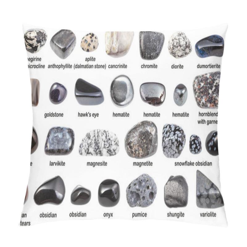 Personality  Set Of Various Dark Gemstones With Names (magnesite, Hematite, Obsidian, Magnetite, Hornblende, Shungite, , Onyx, Flint, Diorite, Chromite, Anthophyllite, Cancrinite, Aegirine, Etc) Isolated On White Pillow Covers