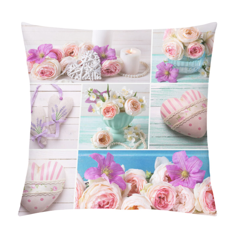 Personality  Collage  With Roses And Hearts. Pillow Covers