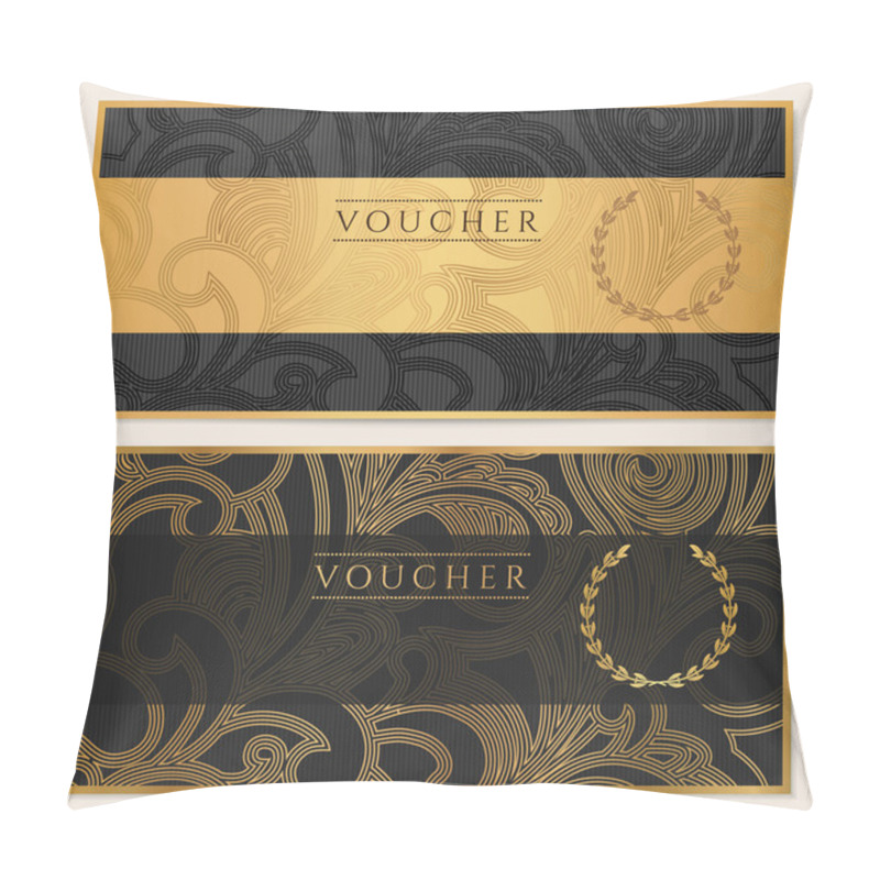 Personality  Voucher, Gift Certificate, Coupon Template. Floral, Scroll Pattern (bow, Frame). Background Design For Invitation, Ticket, Banknote, Money Design, Currency, Check (cheque). Black, Gold Vector Pillow Covers