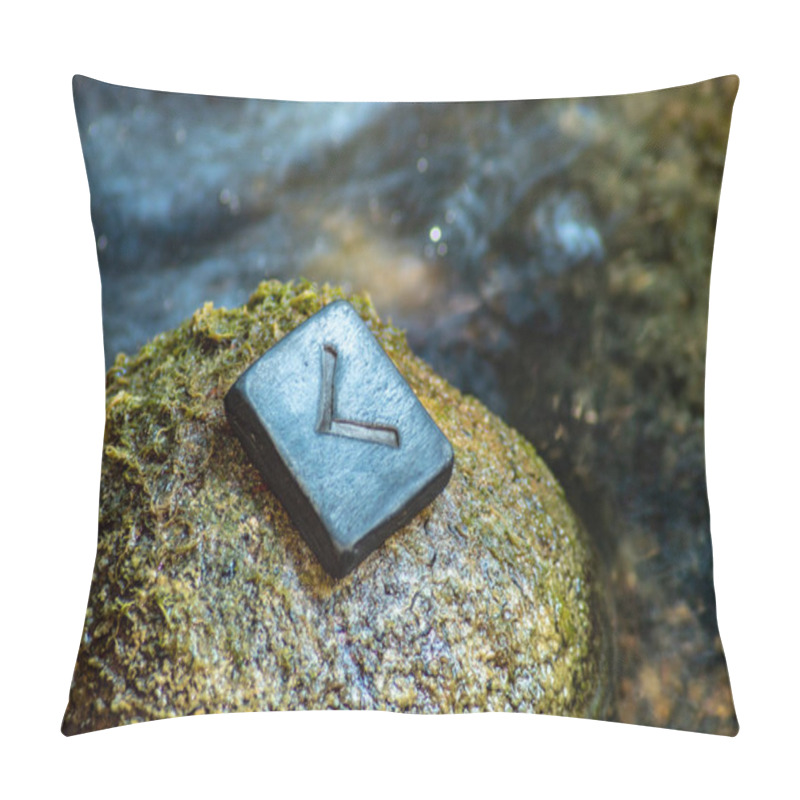 Personality  Norse Rune Kennaz On The Stone And The Evening River Background. Knowledge, Decision, Way Out Of A Difficult Situation. Helps To Work With Any Data And Information. Pillow Covers