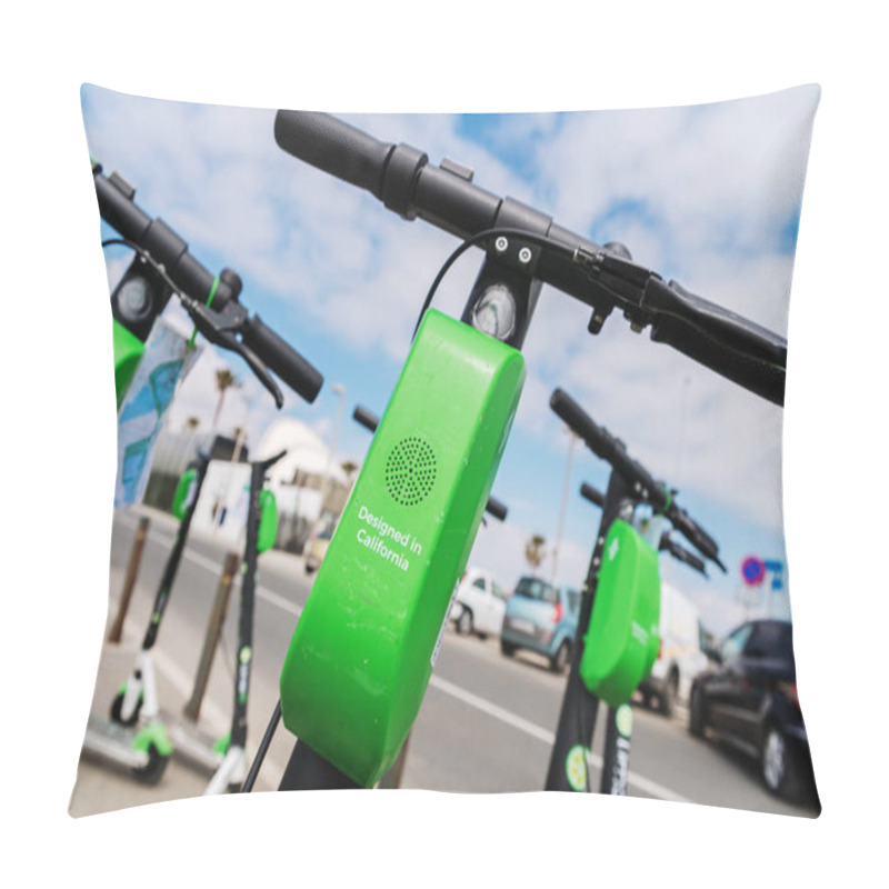 Personality  Valencia, Spain - April 29, 2019: Group Of Electric Scooters For Pillow Covers