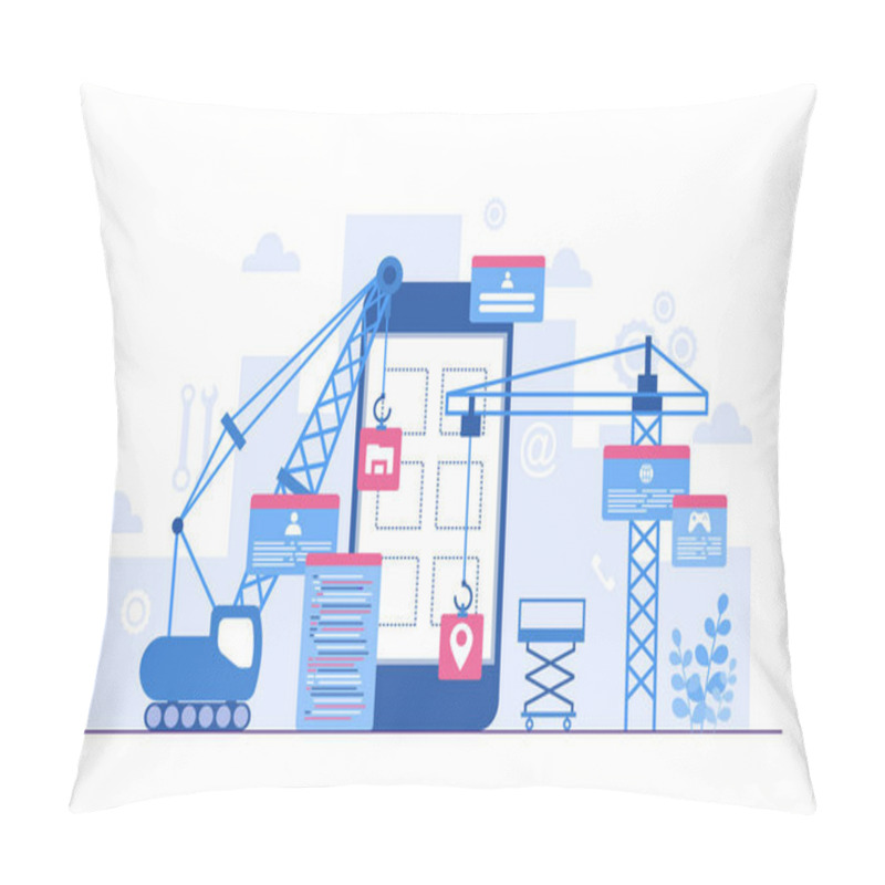 Personality  Heavy Vehicle Build Mobile App Development Process Flat Illustration Pillow Covers