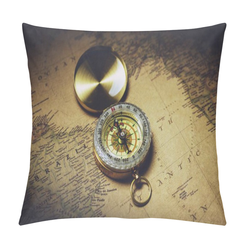 Personality  Bangkok, Thailand - June 14, 2018: Old Compass On Antique Map. Pillow Covers