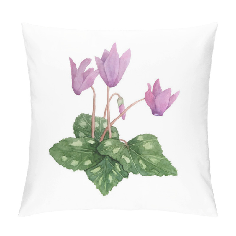 Personality  Watercolor Hand Drawn Illustration Of Pink Violet Purple Cyclamen Wild Flowers. Forest Wood Woodland Nature Plant, Realistic Design Leaves Petals. For Wedding Cards, Invitation, Design Textile Pillow Covers