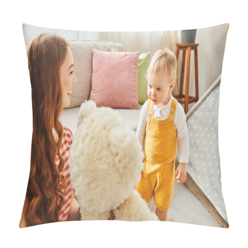 Personality  A Young Mother Lovingly Holds A Teddy Bear While Her Toddler Daughter Looks On With Joy And Affection. Pillow Covers