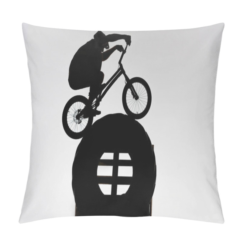 Personality  Silhouette Of Trial Cyclist Balancing On Tractor Wheel On White Pillow Covers