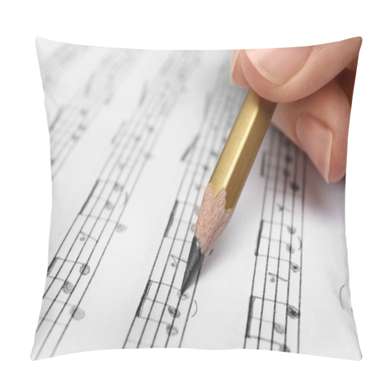 Personality  Woman Writing Music Notes On Sheet With Pencil, Closeup Pillow Covers