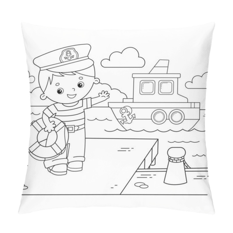 Personality  Coloring Page Outline Of Cartoon Sailor On The Dock Next To The Ship. Profession. Coloring Book For Kids. Pillow Covers