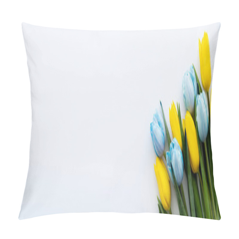 Personality  Top View Of Yellow And Blue Tulips With Leaves On White Background, Banner  Pillow Covers