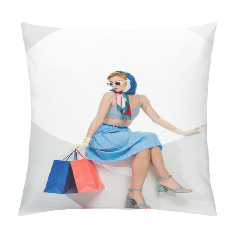 Personality  Trendy Girl In Gloves And Sunglasses Holding Blue And Red Shopping Bags While Sitting In Circle On White Background  Pillow Covers