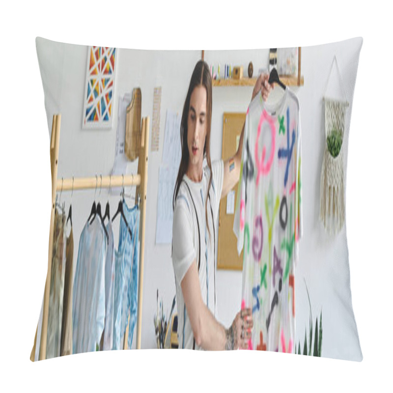 Personality  A Young Man Stands In His Atelier, Proudly Displaying A Vibrant, Hand-painted T-shirt. He Embraces Sustainable Practices, Breathing New Life Into Old Clothes. Pillow Covers