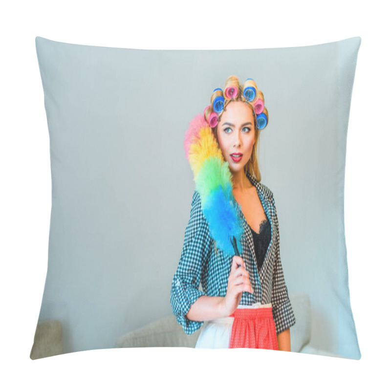 Personality  Housewife Posing With Duster  Pillow Covers