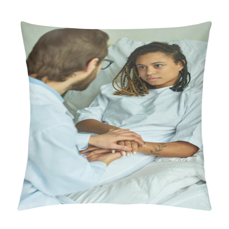 Personality  Doctor In White Coat Holding Hand Of African American Woman, Comforting, Private Ward, Miscarriage Pillow Covers