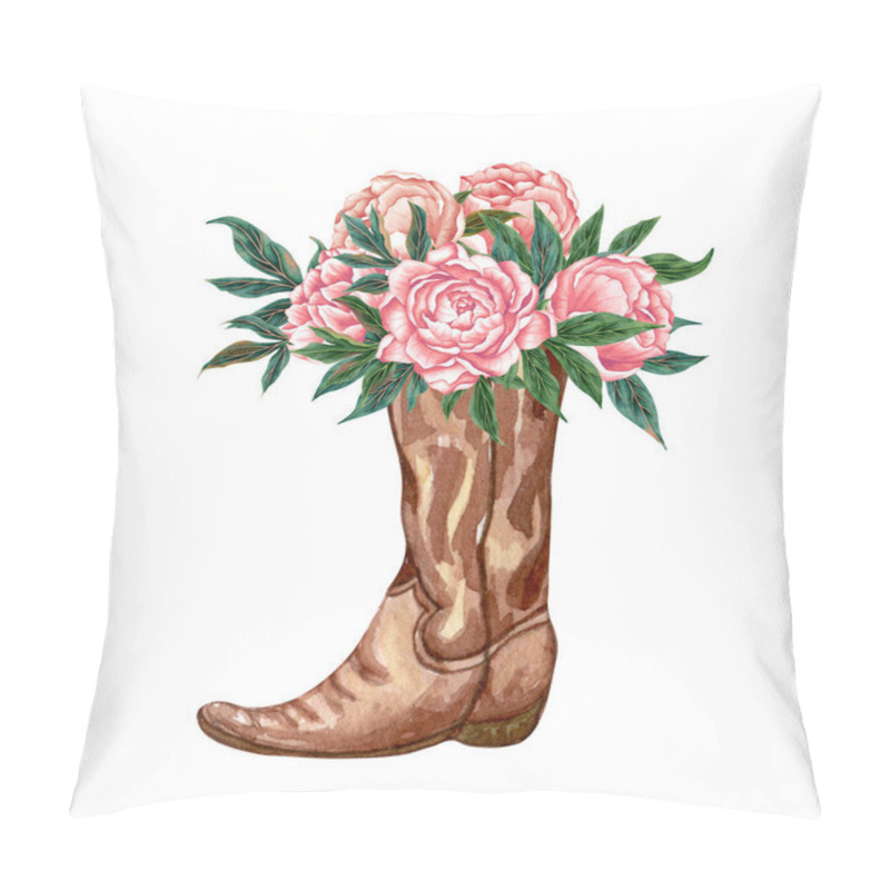 Personality  Watercolor Country Boots With Red Flowers And Greenery, Illustration Isolated On White Background. Rustic Wedding. Pillow Covers