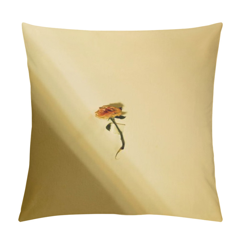 Personality  A Solitary Dried Rose Against A Warm-toned Wall, Evoking Nostalgia And Beauty. Pillow Covers