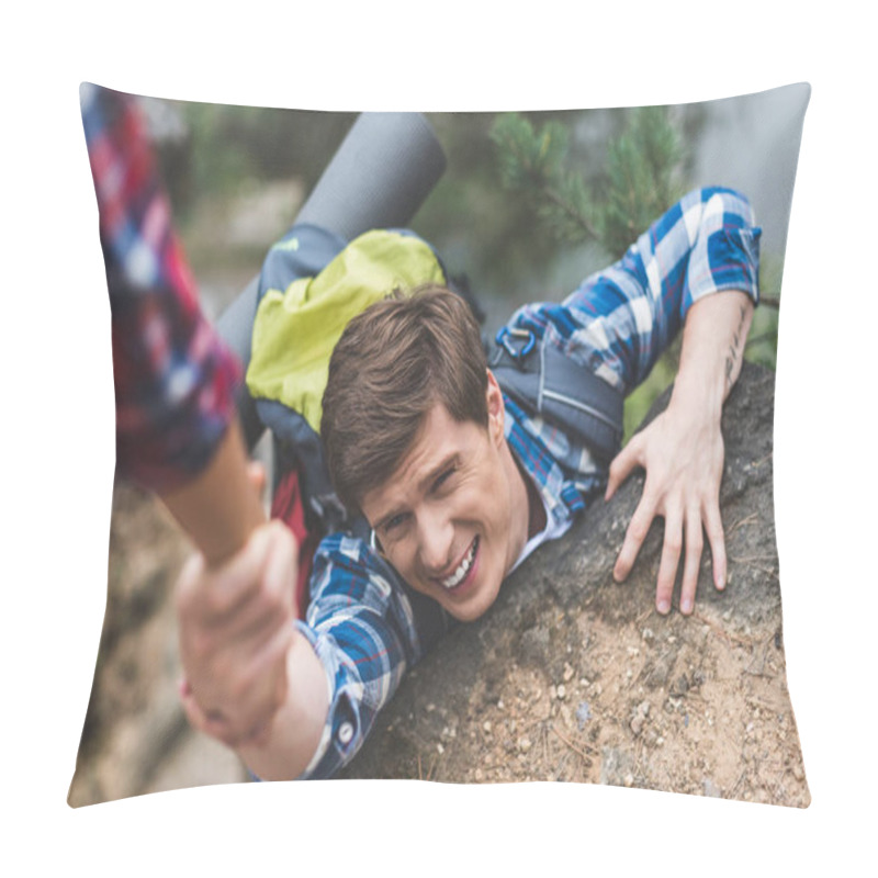 Personality  Woman Helping Boyfriend To Climb Rock Pillow Covers