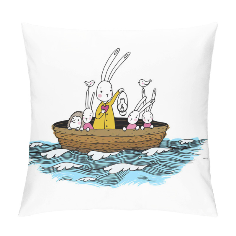 Personality  Cute Little Hares And Hedgehog Floating In A Boat On The River. Pillow Covers