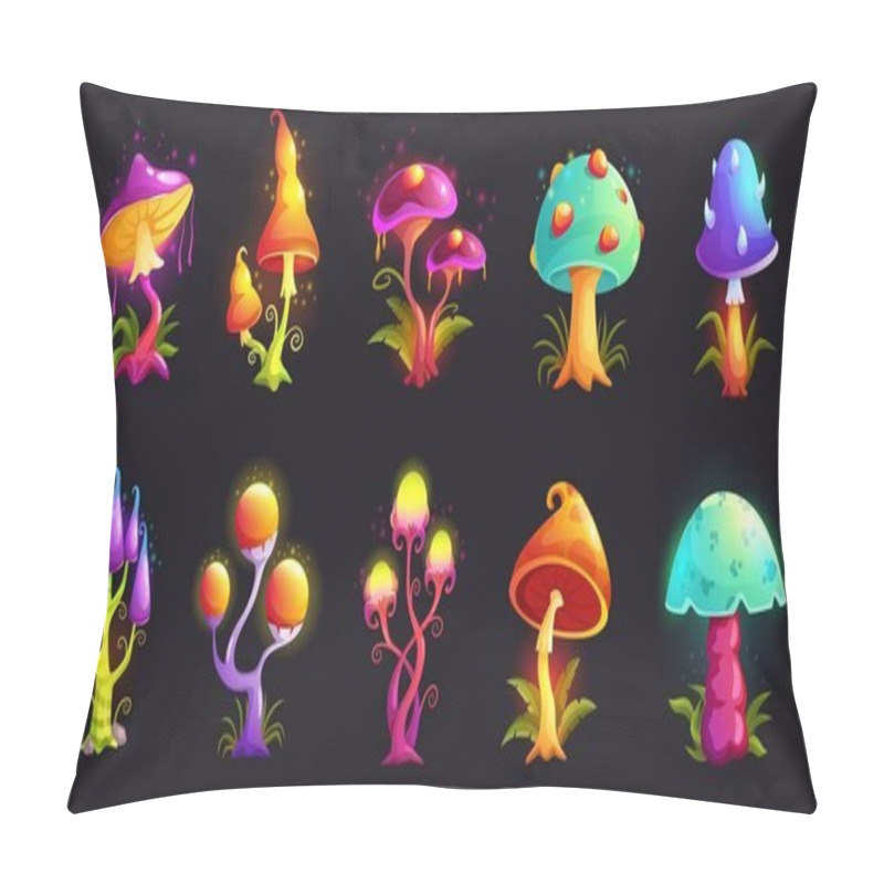 Personality  Fantasy Mushrooms. Magic Fungus, Hallucinogenic Neon Fluorescent Mushroom And Alien Forest Fungi Cartoon Vector Illustration Set Of Magic Fungus And Psychedelic Mushroom Pillow Covers