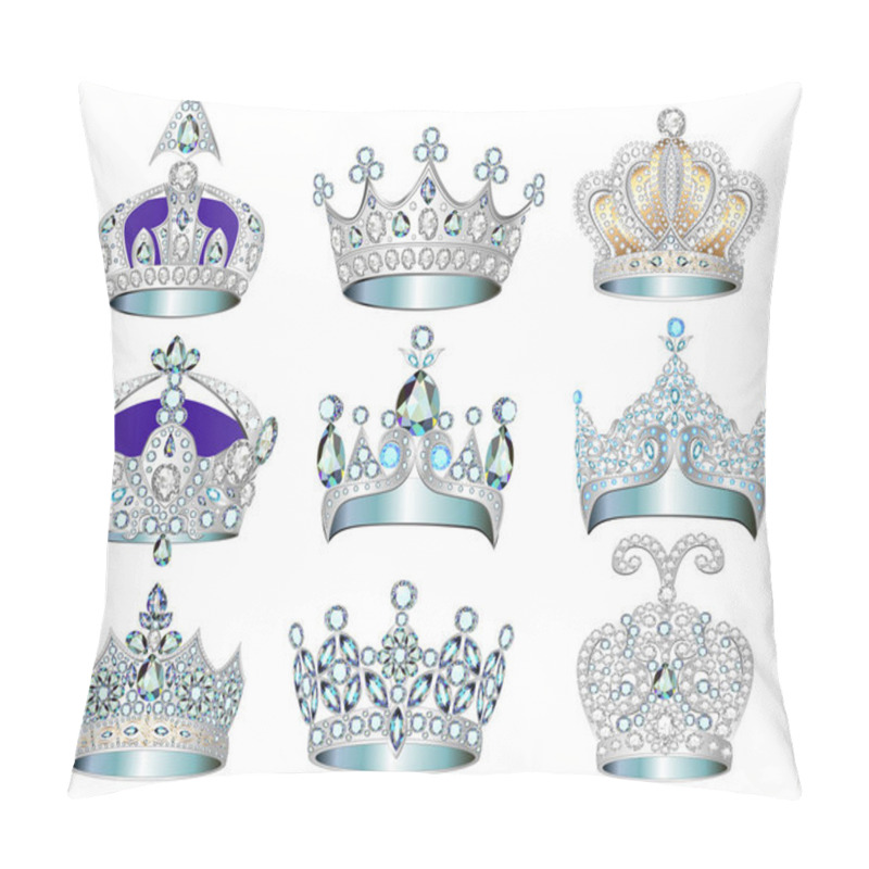 Personality  Illustration Set Of Jewelry Silver Crowns With Precious Stones. Pillow Covers