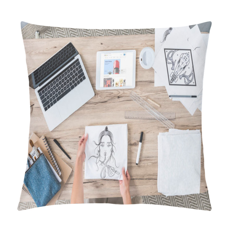 Personality  Cropped Image Of Female Designer Putting Painting On Table With Laptop And Digital Tablet With Ebay On Screen Pillow Covers