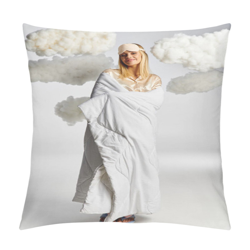 Personality  A Dreamy Blonde Woman In A White Blanket Surrounded By Fluffy Clouds. Pillow Covers