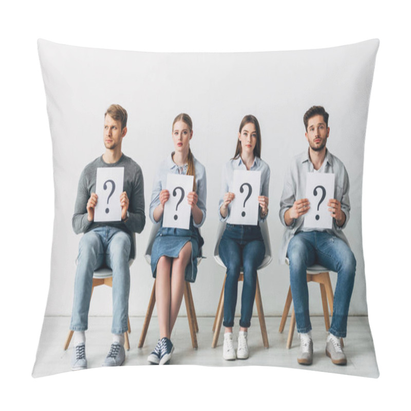 Personality  Group Of Employees Holding Cards With Question Marks While Waiting For Job Interview  Pillow Covers