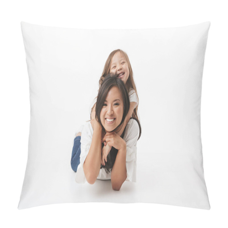 Personality  Image Of Cute Young Asian Woman Mother With Her Little Girl Child Daughter Lies On Floor Isolated Over White Wall Background. Pillow Covers