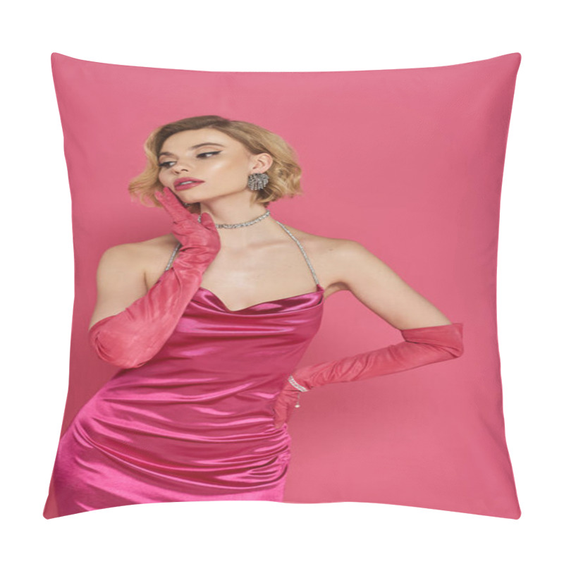 Personality  A Woman In A Vibrant Pink Satin Dress And Long Gloves, Against A Pink Background. Pillow Covers