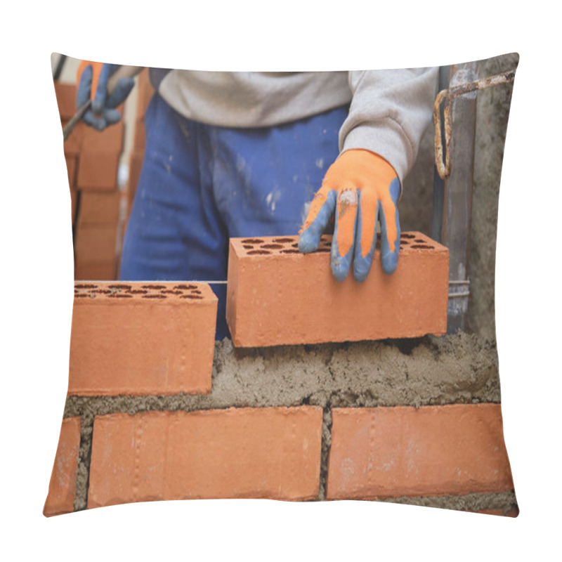 Personality  Construction Worker Building A Brick Wall. Man Bricklaying. Mason Laying Bricks. Pillow Covers